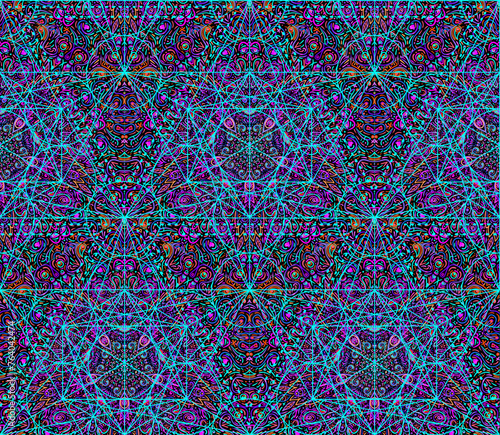 Hypnotic shamanic acid seamless pattern. Hand drawn design in ethnic Indian style. Mystic abstract background, hippie and boho texture. Occult and tribal fusion vector trippy wallpaper.