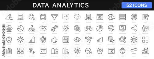 Data analytics thin line icons set. data analysis, analytics, optimization, mining, processing, statistic, monitoring, search, analysis editable stroke. Vector