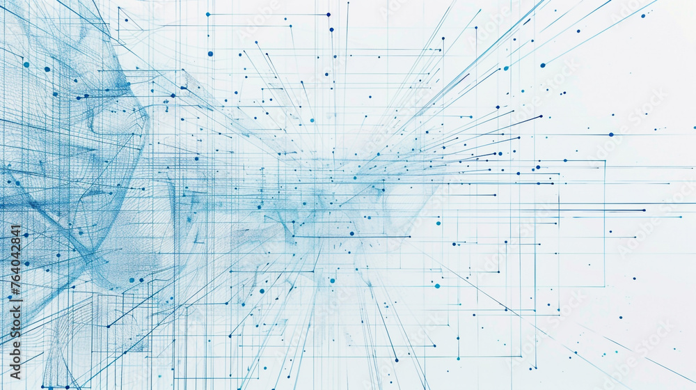 An abstract dot and line grid illustrating technology connected to each other to form a network. Light blue theme and concept.