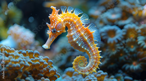 a seahorse swimming around the coral reef