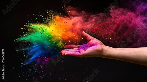 Holi festival: A burst of color! A hand throws vibrant rainbow-colored powder, creating a cloud of dust against a black background.