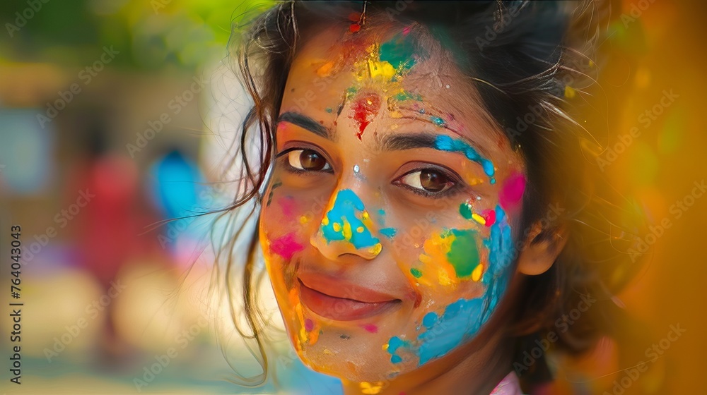 Indian woman with colorful face celebrating Holi festival, a festival of colors.