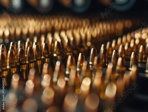 Close-up of multiple rows of metal bullets illuminated by golden light, concept of ammunition and firepower. photo