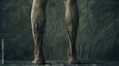 Human legs with illustration of chronic problems, varicose veins, fatigue, heaviness photo
