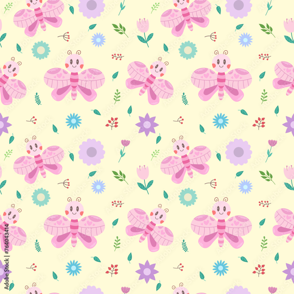 Seamless cute pattern with pink butterflies and flowers on a light background