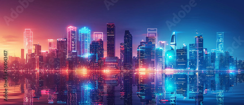 Futuristic smart city skyline with holographic displays and autonomous vehicles, highlighting innovation and urban technology. © Dojirich ai