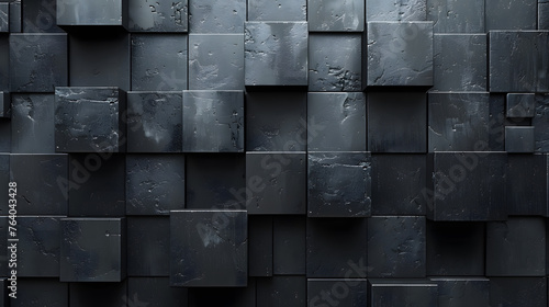 Uniform dark blocks create a tiled surface with unique reflections and textures under various lighting