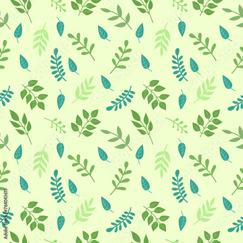 Seamless pattern with green leaves on a light green background. Vector wallpaper.