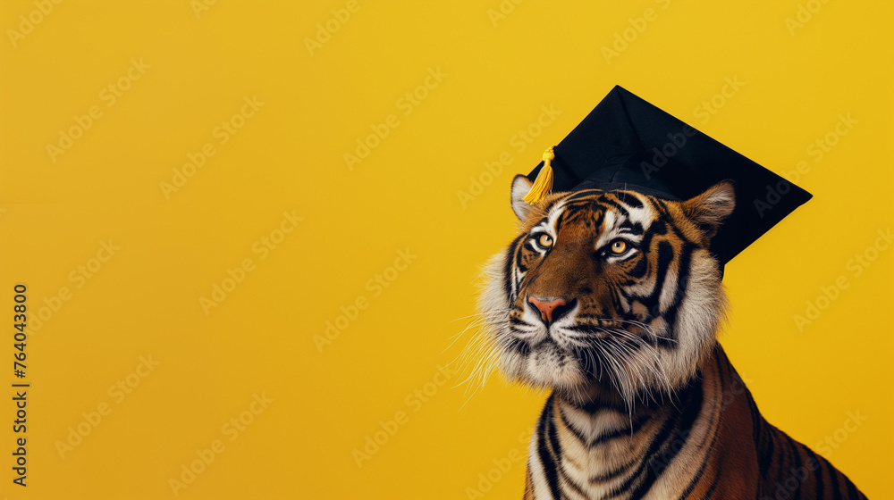 Tigre vestindo beca de formatura e chapéu isolado no fundo amarelo - obrazy, fototapety, plakaty 