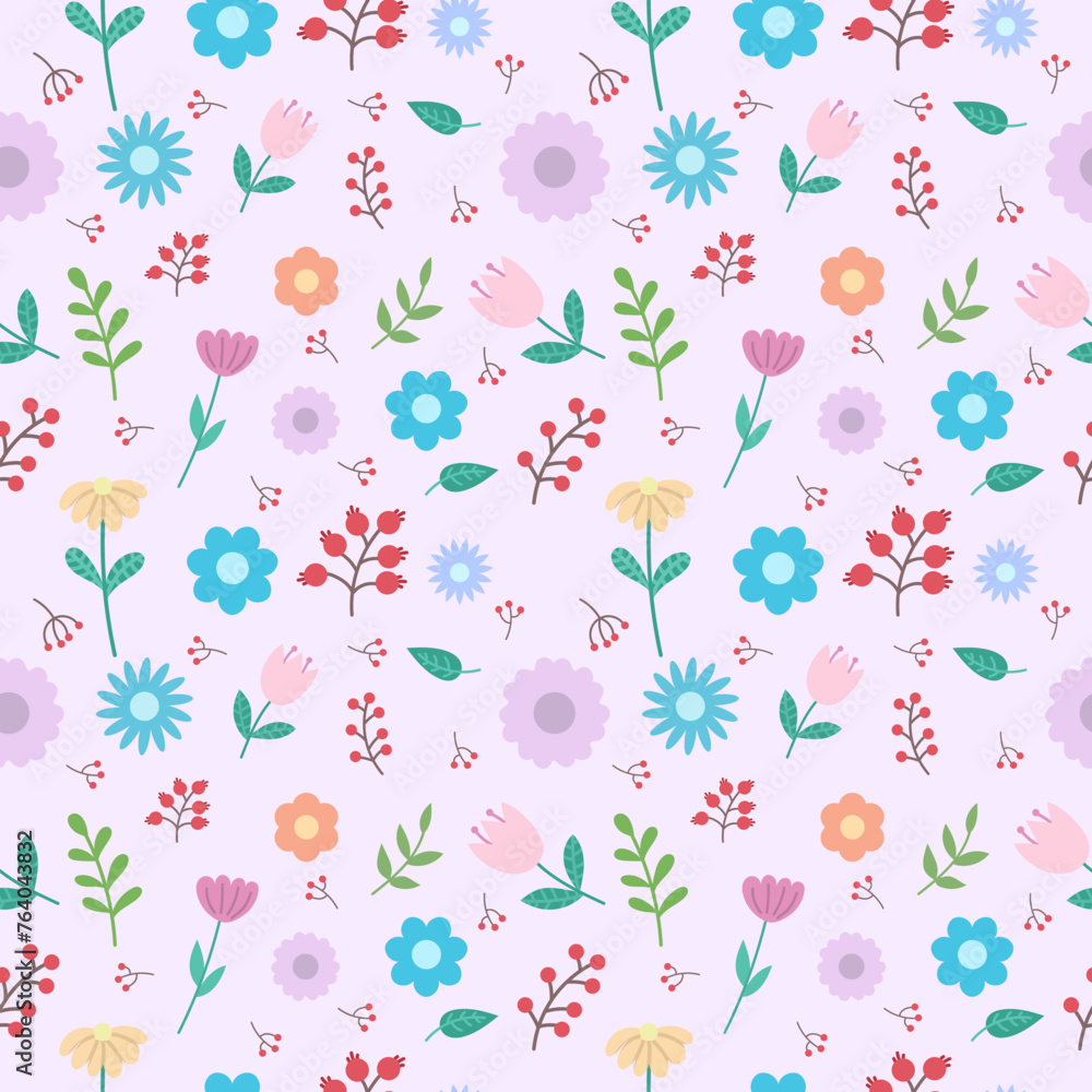 Seamless pattern with cute flowers on a pink background. Vector