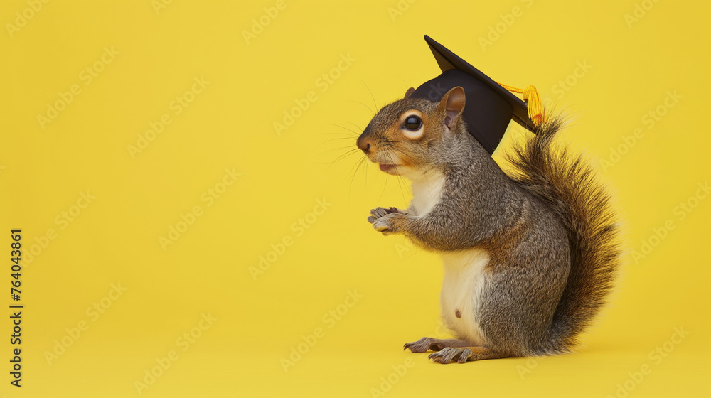 Esquilo vestindo beca de formatura e chapéu isolado no fundo amarelo - obrazy, fototapety, plakaty 