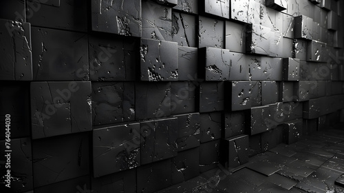 The modern aesthetic of a black tiled wall with a notable protruding block adding a three-dimensional effect photo