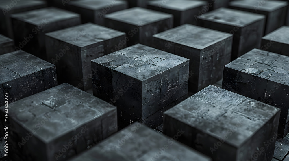 A multitude of dark cubes neatly arranged, reflecting the concepts of order and repetition in design A multitude of dark cubes neatly arranged, reflecting the concepts of order and repetition in design