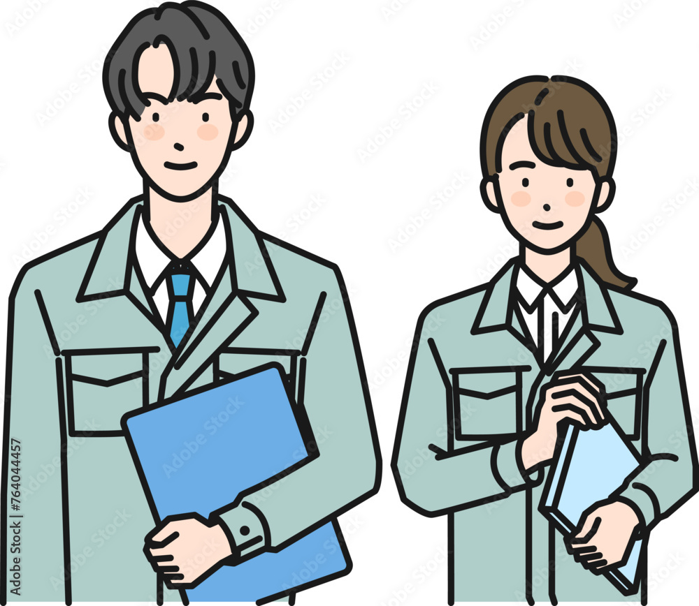 作業服を着て案内をしている男性と女性（上半身）