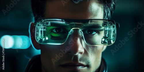 A young man wearing VR headset. Neon virtual glasses, and cyberpunk gear. Generative AI.