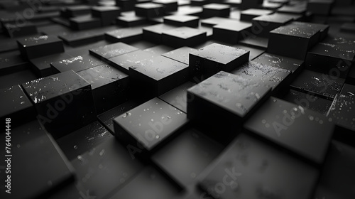 A dark image creating a striking abstract pattern with elevated black square tiles and light effects photo