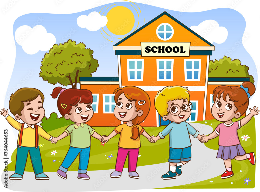 happy children holding hands school cartoon vector
