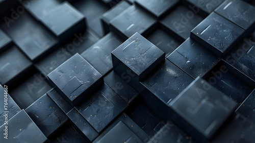 Artistic image of dark blue squared tiles with a pronounced 3d effect, showcasing depth and perspective