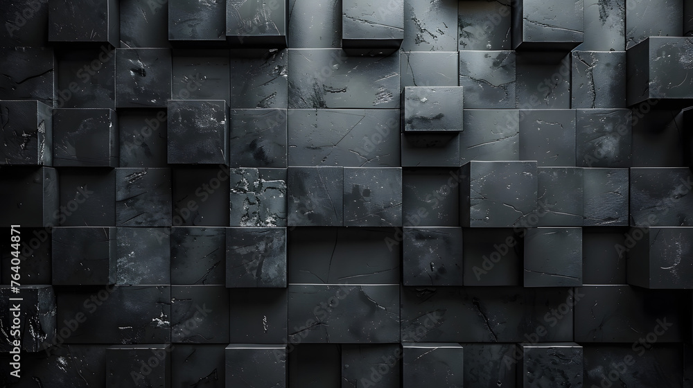 Black textured cubes stacked in an orderly pattern, creating an abstract and detailed visual wall Black textured cubes stacked in an orderly pattern, creating an abstract and detailed visual wall