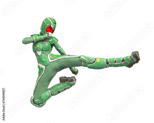 futuristic astronaut girl in a action jump kick pose