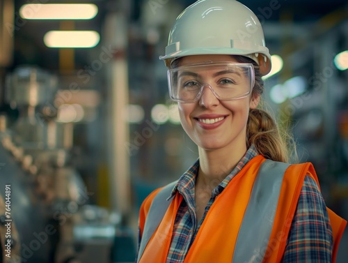 Smiling woman in hardhat and safety vest in a factory setting.
