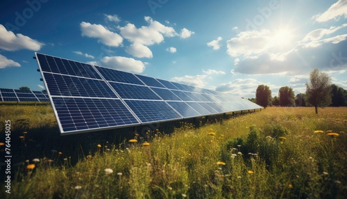 solar panels in the grass, blue sky with clouds and sun shining through the solar panel array landscape background, solar farm, alternative source of electricity. 