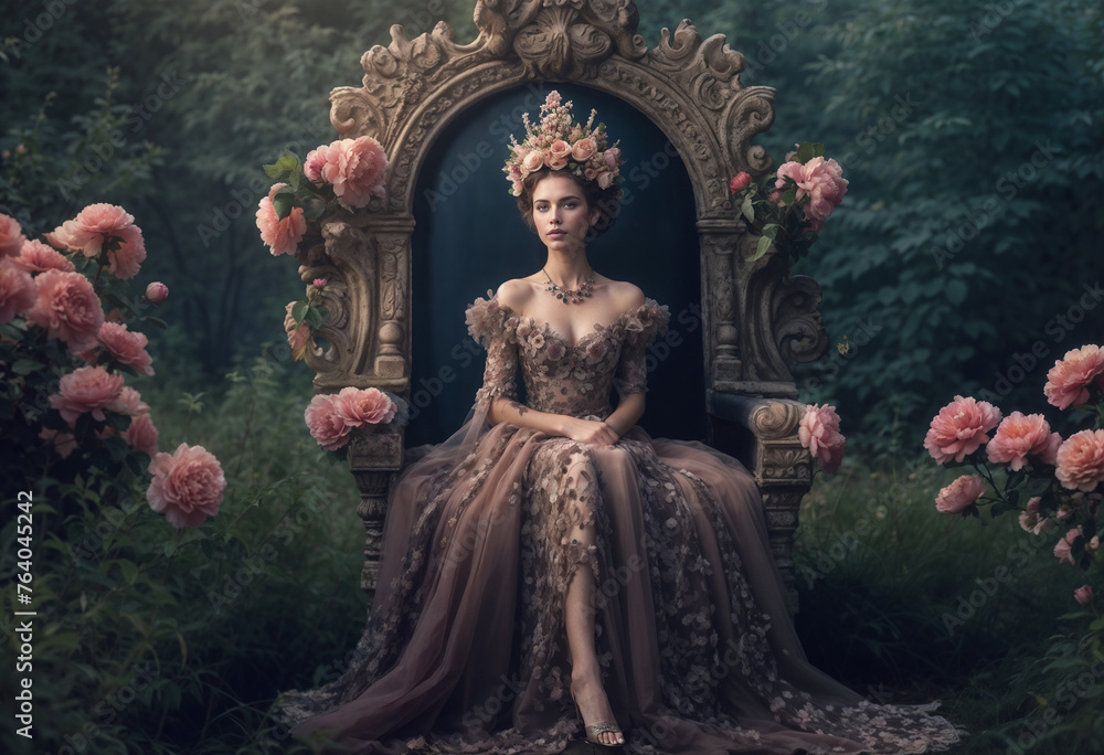 A person in a floral dress sits on an chair, surrounded by flowers. The scene is elegant, with a dark, moody atmosphere highlighting the vibrant flowers and intricate details of the dress and chair. A person in a floral dress sits on an chair, surrounded by flowers. The scene is elegant, with a dark, moody atmosphere highlighting the vibrant flowers and intricate details of the dress and chair.
