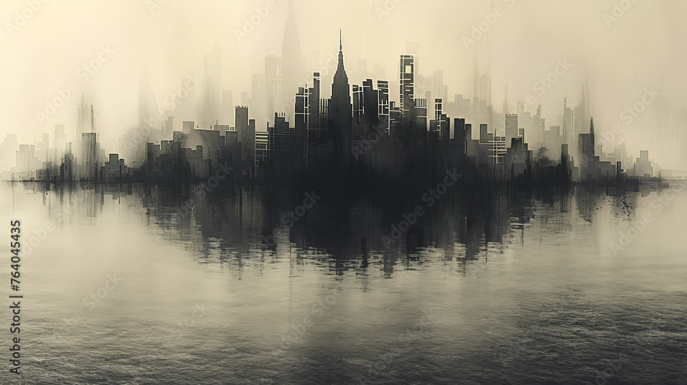 Ink painting of an abstract urban cityscape with skyscraper scene - Panorama Ink painting of an abstract urban cityscape with skyscraper scene - Panorama