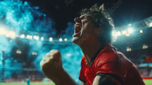 A footballer wearing a red t-shirt exuberantly celebrates victory, echoing shouts of joy amidst the grandeur of a football stadium. A passionate celebration following a victorious game. © Vladimir