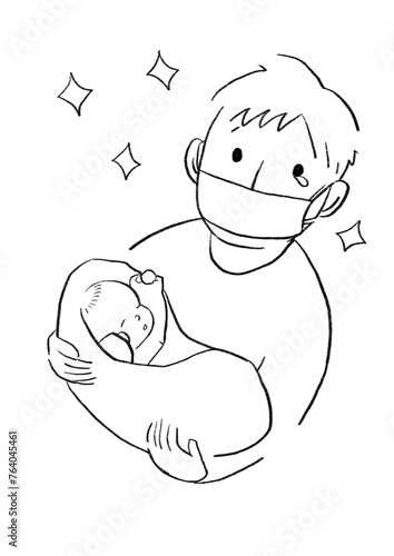 赤ちゃんを抱くお父さんのシンプルなイラスト © きだ