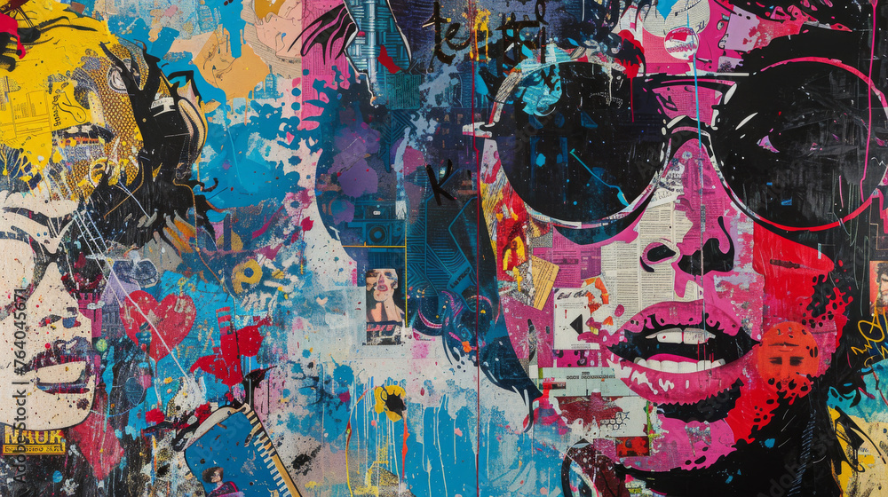 A colorful painting of a woman with sunglasses on