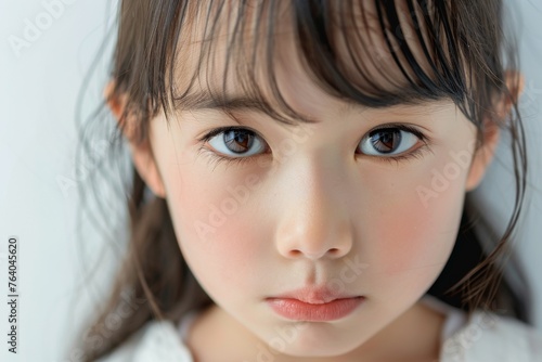 怒っている日本人の女の子のアップ写真（決意・睨む・悔しさ・いじめ・許せない） photo