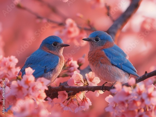 Adorable bluebirds nestled among cherry blossoms in the warmth of spring, perfect for a romantic and lovely animal background © charunwit