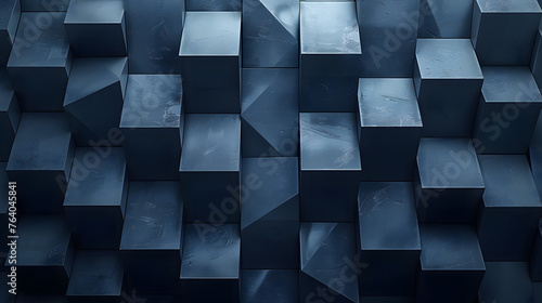 Detail shot of an abstract 3D rendered concept featuring a geometric pattern of cubes in various shades of blue