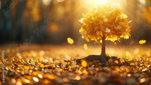golden gold coin tree has coins as leaves that fall on ground