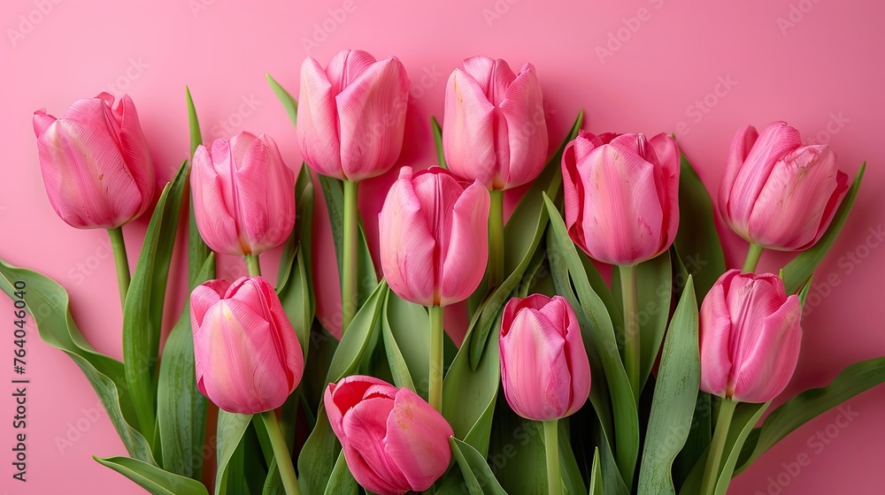 Spring Bouquet: A Beautiful Composition of Pink Tulips on Pastel Pink Background for Valentine's Day, Easter, Birthday, Women's Day, Mother's Day Flat Lay with Copy Space Spring Bouquet: A Beautiful Composition of Pink Tulips on Pastel Pink Background for Valentine's Day, Easter, Birthday, Women's Day, Mother's Day Flat Lay with Copy Space