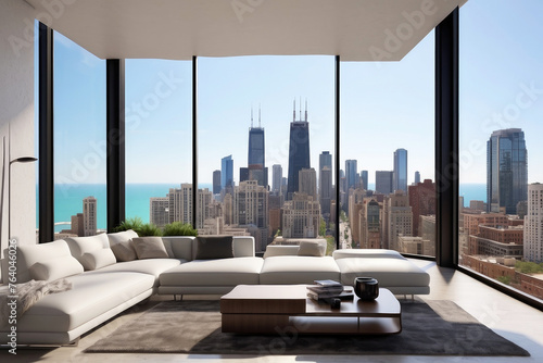 Penthouse living room or office minimalistic modern interior design, floor to ceiling windows with downtown scenic cityscape on sunny day, water view