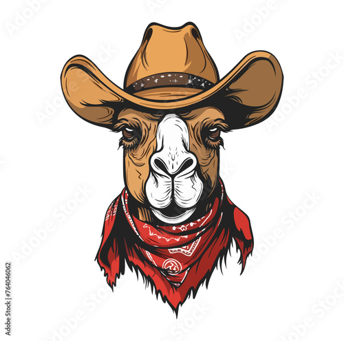 Camel Head wearing wearing cowboy hat and bandana around neck