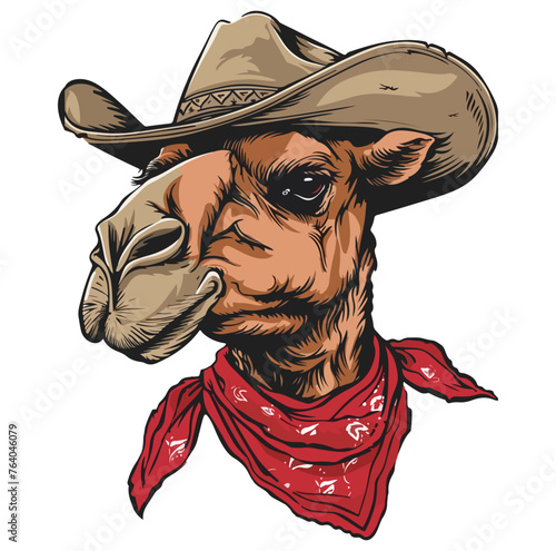 Camel Head wearing wearing cowboy hat and bandana around neck