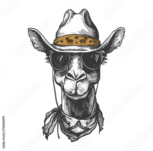 Camel Head wearing wearing cowboy hat and bandana around neck