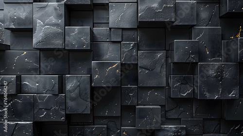 This image shows a 3D rendering of stacked black cubes with intentional imperfections and splashes of gold for contrast photo