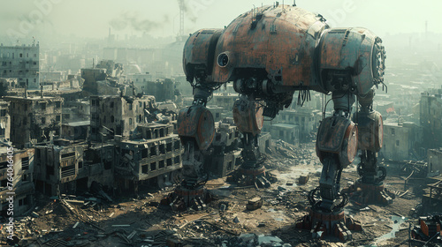 Military robots in a destroyed city. Future apocalypse concept. 3d rendering