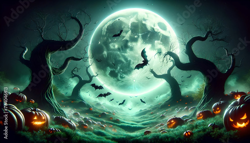 Spooky Halloween Landscape with Haunted Forest and Radiant Moon  Generative AI