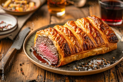 Gourmet Beef Wellington Pastry on Rustic Wooden Table with Side Dishes and Red Wine, Fine Dining Culinary Concept photo