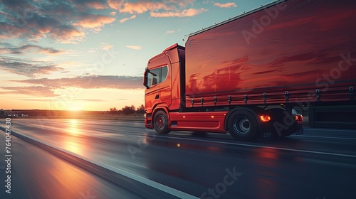 Red Semi Truck Speeding Along Highway at Sunset, Logistics and Freight Concept