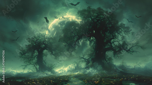 Ghostly Green Luminescence Over a Misty Halloween Graveyard, Generative AI