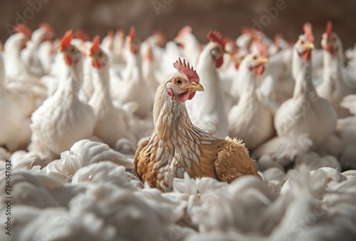 View of countless white chickens in a poultry farm
