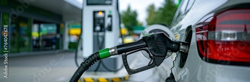 Car being refueled at a gas station, depicting energy use and automotive refueling. photo