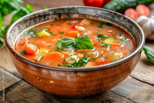 Homemade Vegetable Soup in Rustic Metal Bowl on Wooden Table with Fresh Ingredients Healthy Vegan Meal Concept