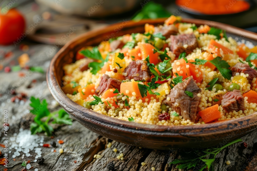 Savory Beef and Carrot Couscous in Rustic Bowl Garnished with Fresh Parsley on Wooden Table Savory Beef and Carrot Couscous in Rustic Bowl Garnished with Fresh Parsley on Wooden Table
